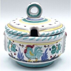 Deruta Pottery Sugar Cheese Bowl Orvieto Rooster Hand Painted Signed Italy MINT